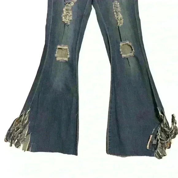 Ladies Ripped Flare Jeans Raw Hem Size L High Waist - Picture 6 of 6